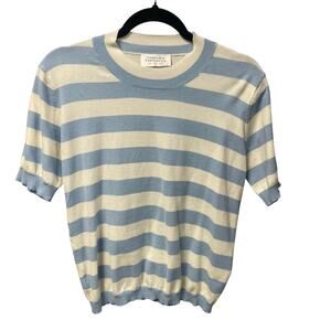 Compania Fantastica Blue White Striped Short Sleeve Crewneck Sweater Size Large